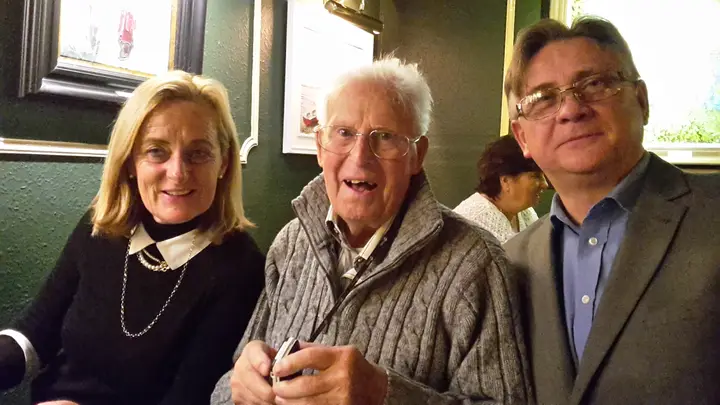 Johnny at his 99th Birthday celebration in the Lobster Pot Restaurant in Wexford with his Nephew William Oppermann and his wife Louise