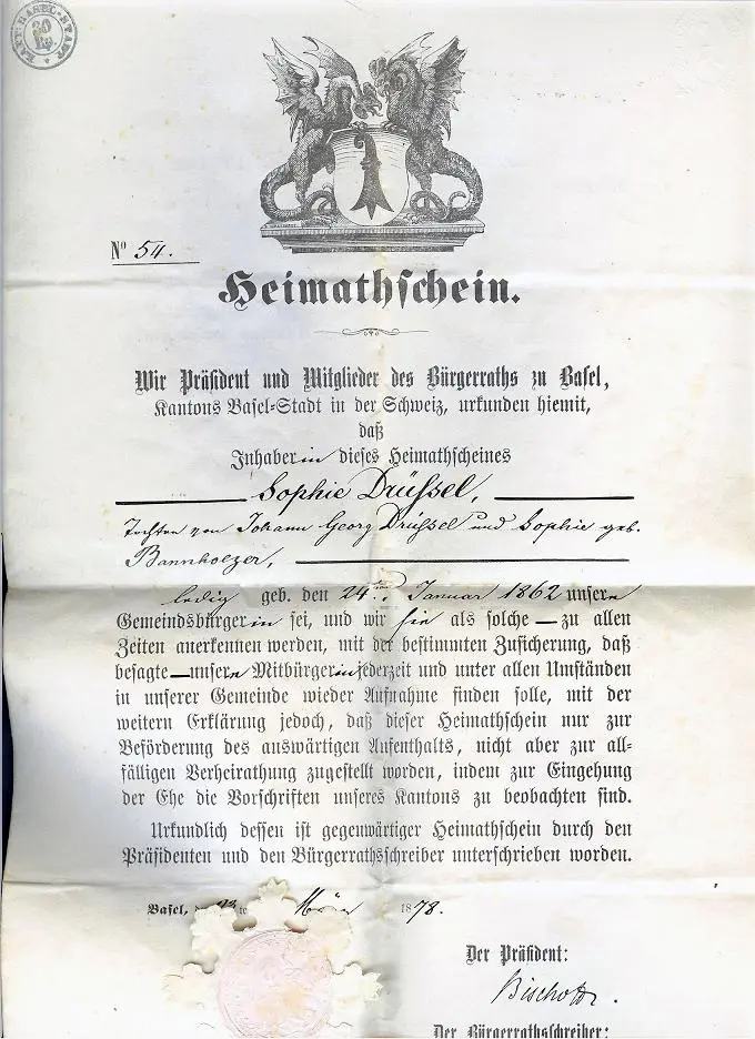 Page 1 - Sophie's Certificate of Native 1878,  Page 2 - Sophie's Certificate of Native 1878