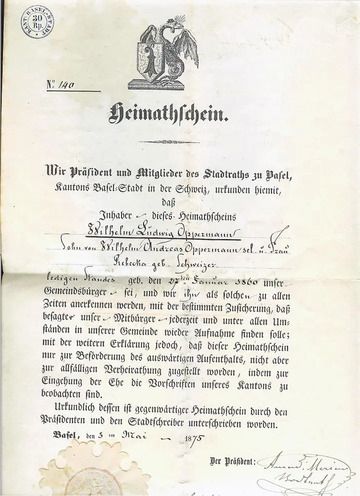 Page 1 - Wilhelm's Certificate of Native 1875,  Page 2 - Wilhelm's Certificate of Native 1875